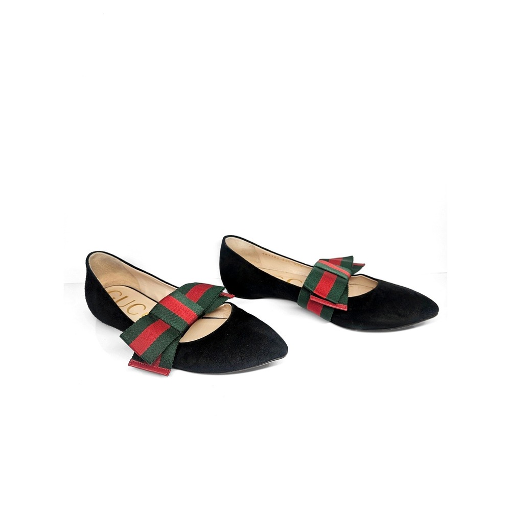 Gucci Black Suede Web Bow Pointed Toe Flats Shoes 37.5 Made in Italy